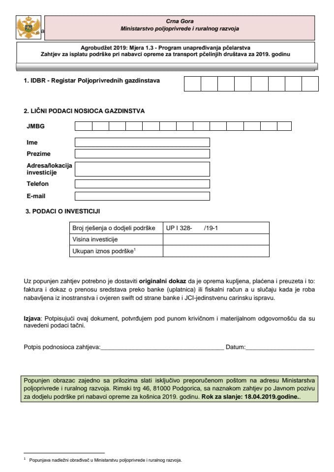 OBRAZAC  za isplatu podrške