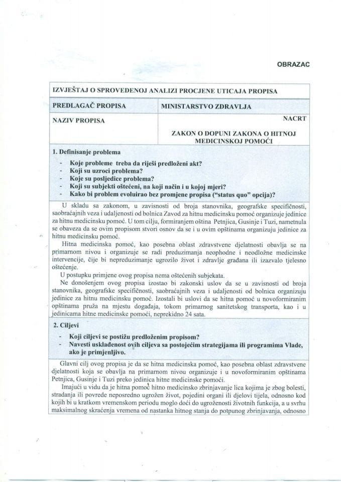 RIA obrazac - Zakon o dopunama Zakona o hitnoj medicinskoj pomoći