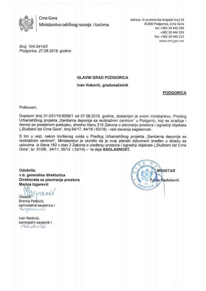104-3414_2 Saglasnost na Predlog UP-a Sanitarna deponija sa reciklažnim centrom, Glavni grad Podgorica