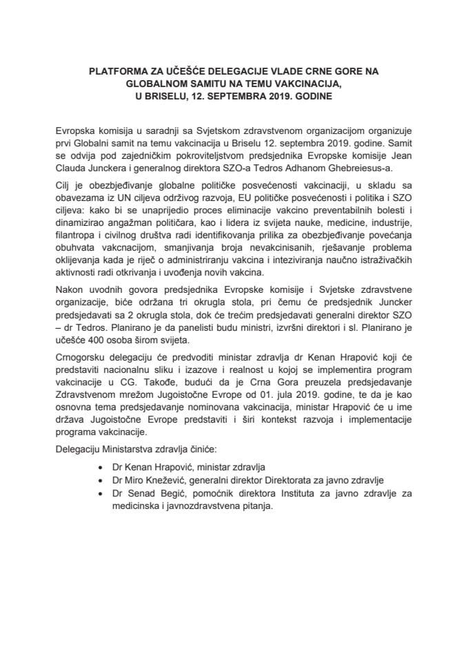 Predlog platforme za učešće delegacije Vlade Crne Gore, koju će predvoditi Kenan Hrapović, ministar zdravlja, na Globalnom samitu na temu vakcinacija, u Briselu, 12. septembra 2019. godine