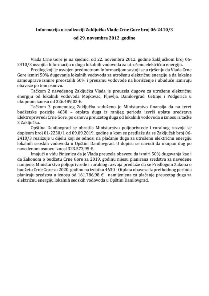 Informacija o realizaciji Zaključka Vlade Crne Gore, broj: 06-2410/3, od 29. novembra 2012. godine, sa sjednice od 22. novembra 2012. godine