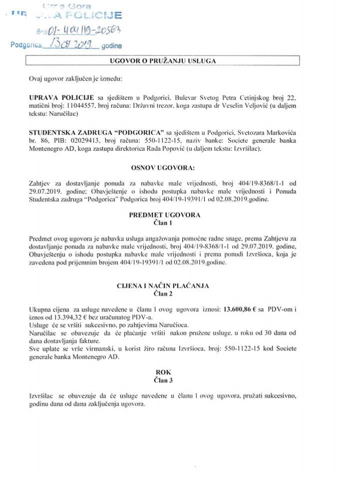 Ugovor o pružanju usluga broj 01-404-19-20563 od 13.09.2019.