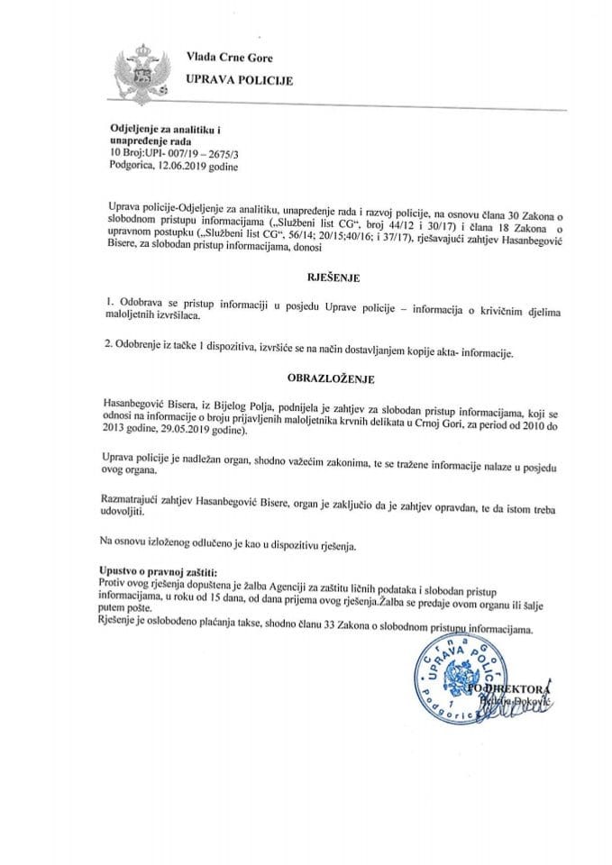 UPI 007/19-2675/3 od 12. 06. 2019. godine