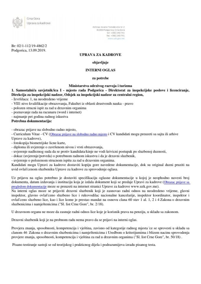 Uprava za kadrove objavljuje Interni oglas za potrebe Ministarstva održivog razvoja i turizma, Samostalni/a savjetnik/ica I - mjesto rada Podgorica - Direktorat za inspekcijske poslove i licenciranje,