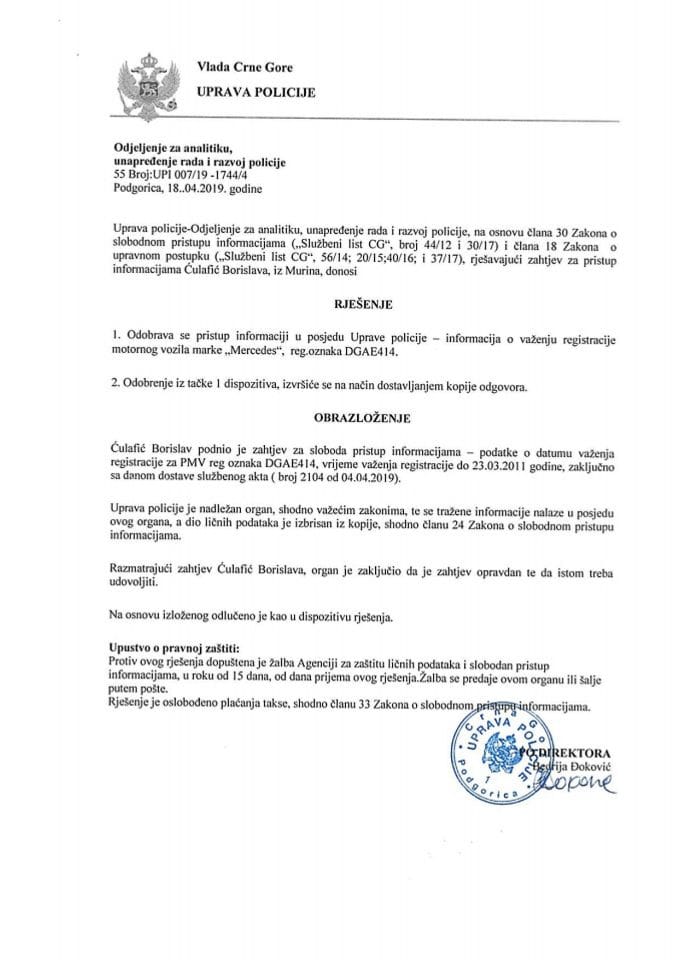 UPI 007/19-1744/4 od 18.04.2019.godine 