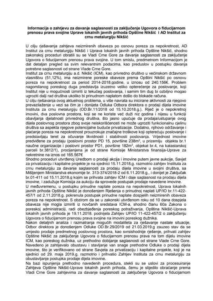 Informacija o zahtjevu za davanje saglasnosti za zaključenje Ugovora o fiducijarnom prenosu prava svojine Uprave lokalnih javnih prihoda Opštine Nikšić i AD Institut za crnu metalurgiju Nikšić