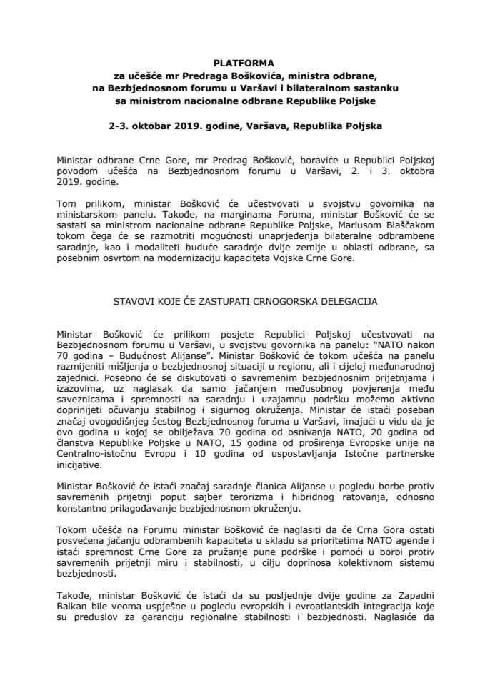 Предлог платформе за учешће мр Предрага Бошковића, министра одбране, на Безбједносном форуму у Варшави и билатералном састанку са министром националне одбране Републике Пољске, 2. и 3. октобра 2019. 