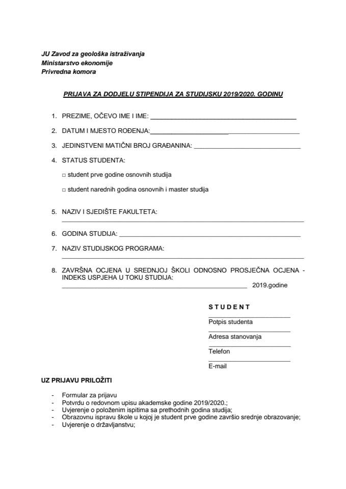 Formular za prijavu stipendija