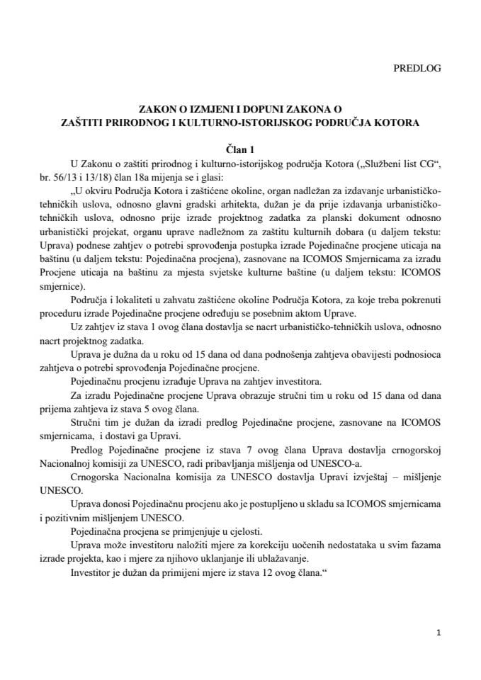 Predlog zakona o izmjeni i dopuni Zakona o zaštiti prirodnog i kulturno-istorijskog područja Kotora