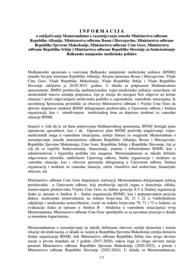 Informacija o zaključivanju Memoranduma o razumijevanju za funkcionisanje Balkanske namjenske medicinske jedinice s Predlogom memoranduma (bez rasprave)