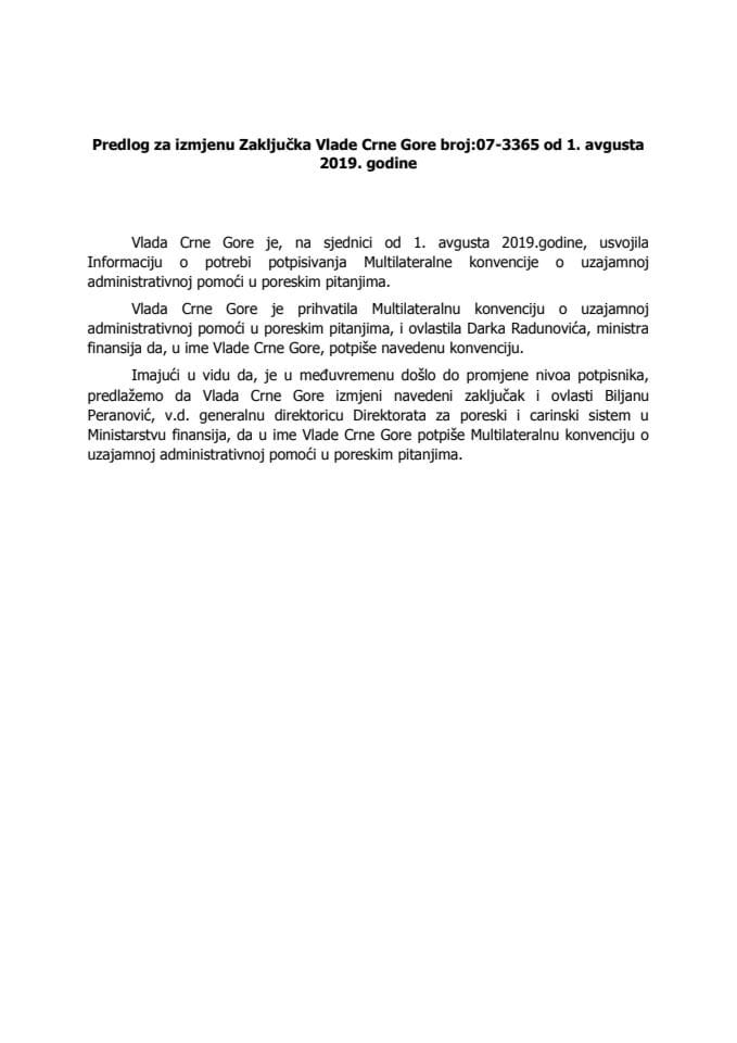 Предлог за измјену Закључка Владе Црне Горе, број: 07-3365, од 1. августа 2019. године