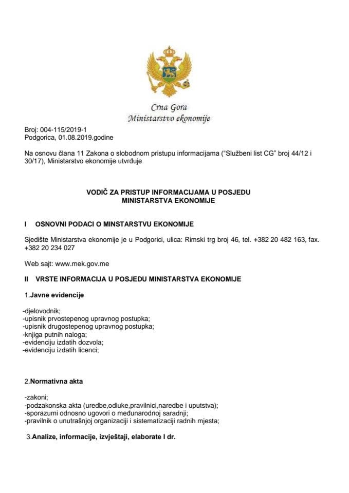 Vodič za slobodan pristup informacijama u posjedu Ministarstva ekonomije 2019