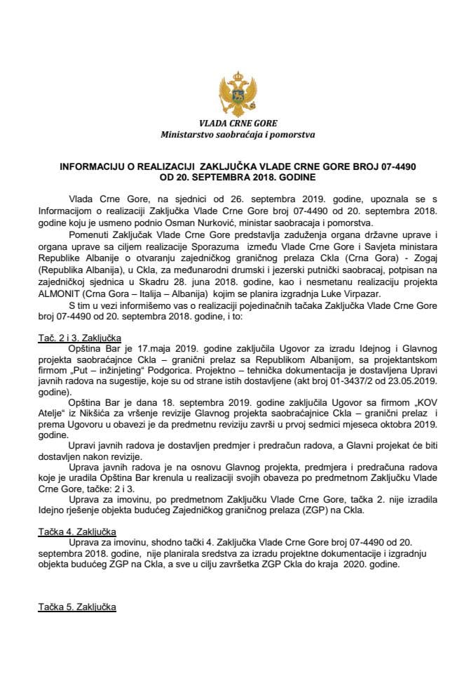 Informacija o realizaciji Zaključka Vlade Crne Gore, broj: 07-4490, od 20. septembra 2018. godine s Predlogom za izmjenu Zaključka Vlade Crne Gore, broj: 07-4490, od 20. septembra 2018. godine