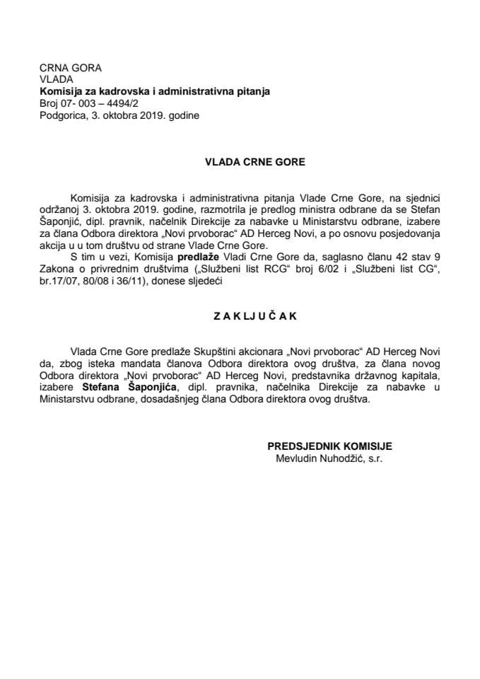 Predlog zaključka o izboru člana Odbora direktora "Novi prvoborac" AD Herceg Novi