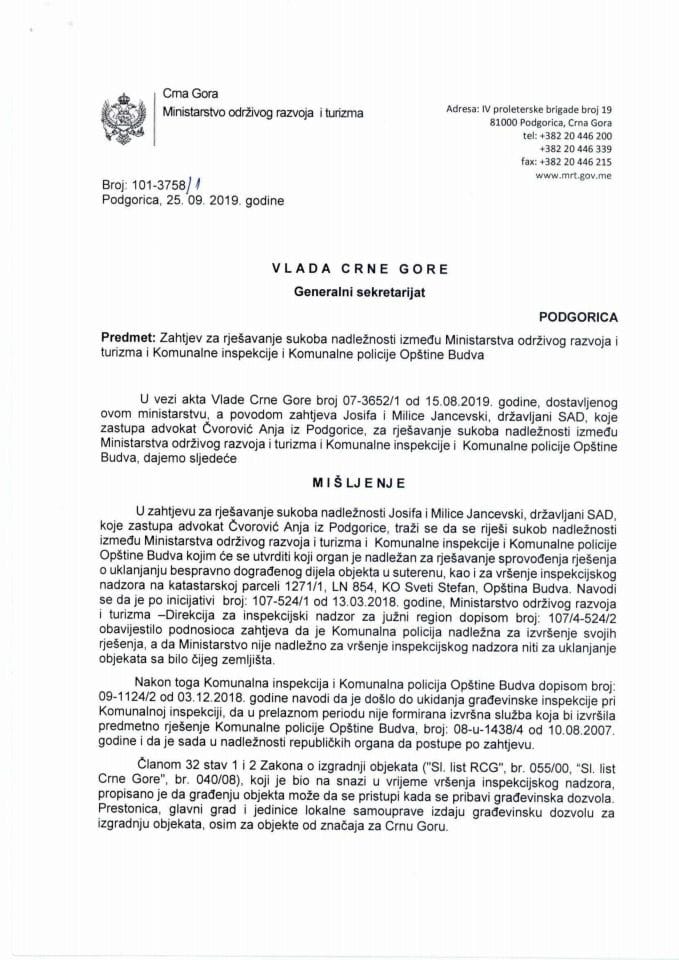 Zahtjev za rješavanje sukoba nadležnosti između Ministarstva održivog razvoja i turizma i Komunalne inspekcije i Komunalne policije Opštine Budva (bez rasprave)