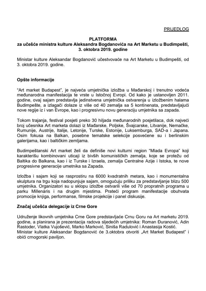 Предлог платформе за учешће Александра Богдановића, министра културе, на Арт маркету у Будимпешти, 3. октобра 2019. године (без расправе)
