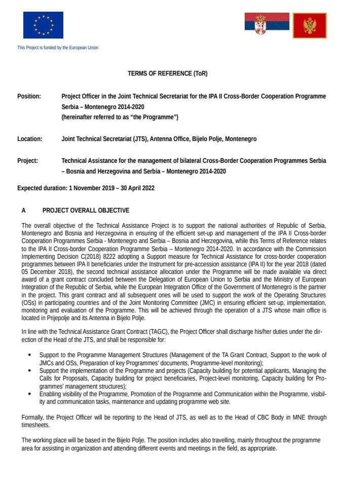 4 X 19 ToR- Projektni sluzbenik - Bijelo Polje CBP SRB-MNE