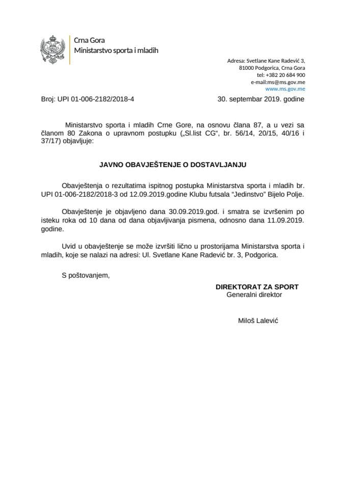 Javno obavještenje - KMF Jedinstvo