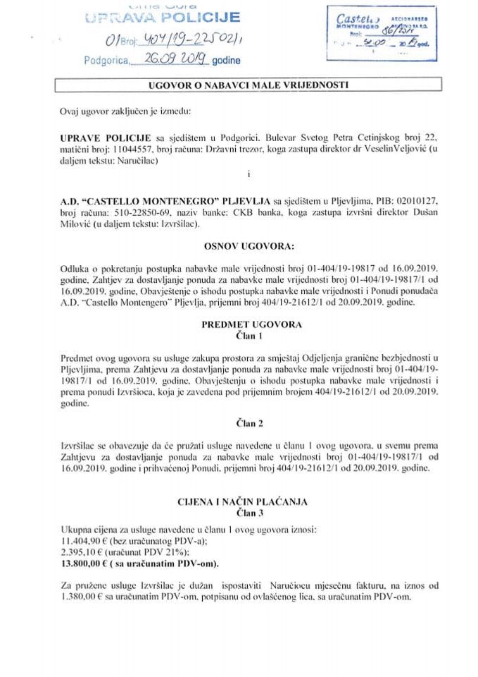 Ugovor o nabavci male vrijednosti broj 01-40419-225021 od 26.09.2019. godine