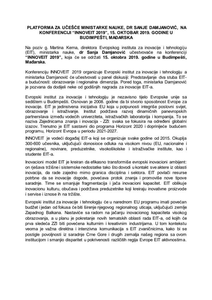 Предлог платформе за учешће др Сање Дамјановић, министарке науке, на конференцији "ИННОВЕИТ 2019", 15. октобра 2019. године, у Будимпешти, Мађарска