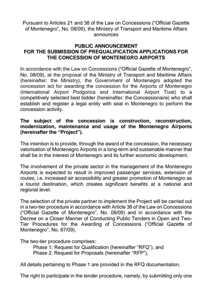 PUBLIC ANNOUNCEMENT FOR THE SUBMISSION OF PREQUALIFICATION APPLICATIONS FOR THE CONCESSION OF MONTENEGRO AIRPORTS