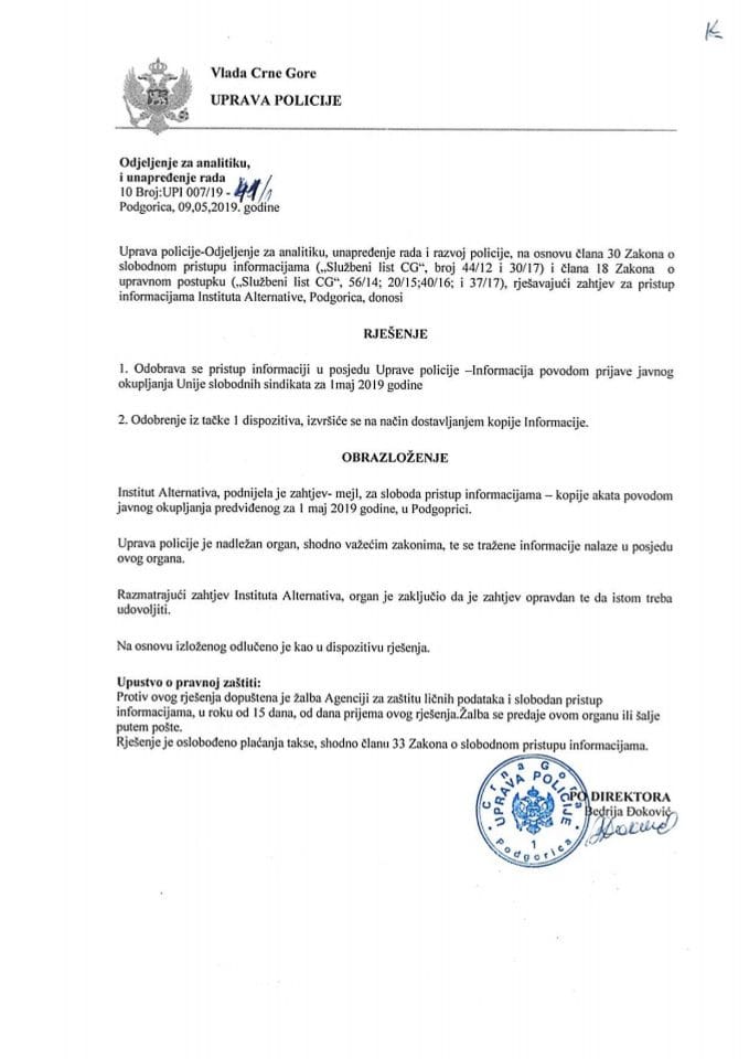 Rješenje 10 broj UPI 00719-41 1 od 09.05.2019.godine-1-2