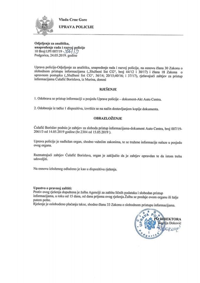 Rješenje 10 broj UPI 00719-2061 3 od 24.05.2019.godine