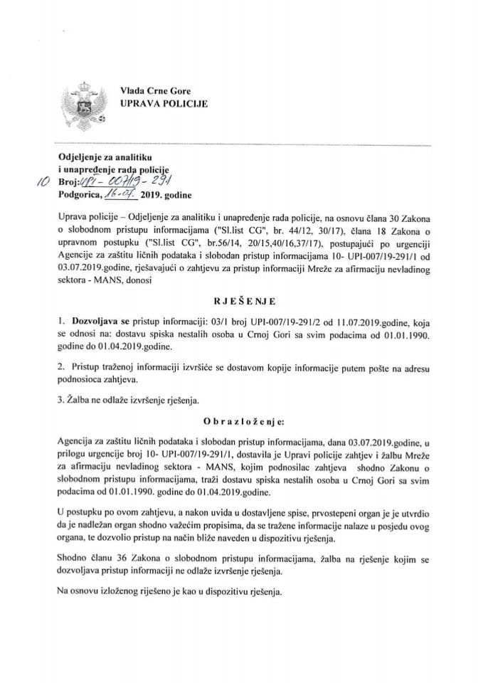 Rješenje 10 broj UPI -00719-291 od 16.07.2019.godine