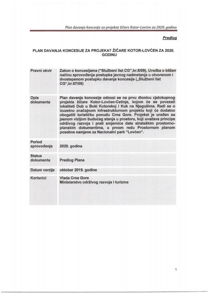 Predlog plana davanja koncesije za projekat žičare Kotor – Lovćen za 2020. godinu