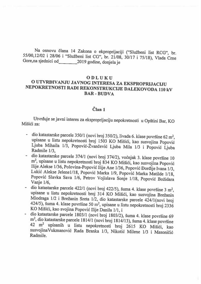 Predlog odluke o utvrđivanju javnog interesa za eksproprijaciju nepokretnosti radi rekonstrukcije dalekovoda 110 KV Bar-Budva
