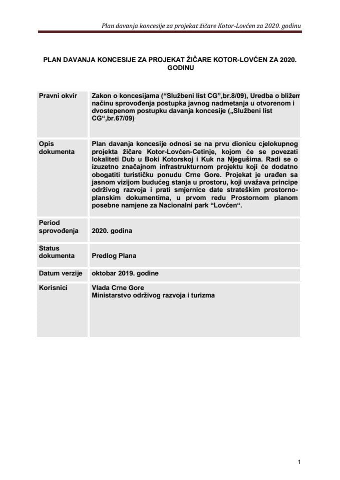 Plan davanja koncesije za projekat žičare Kotor-Lovćen za 2020. godinu