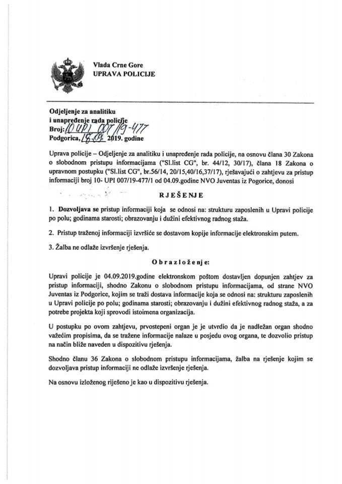 Rjesenje 10 broj UPI-007-19-477 od 18.09.2019.godine