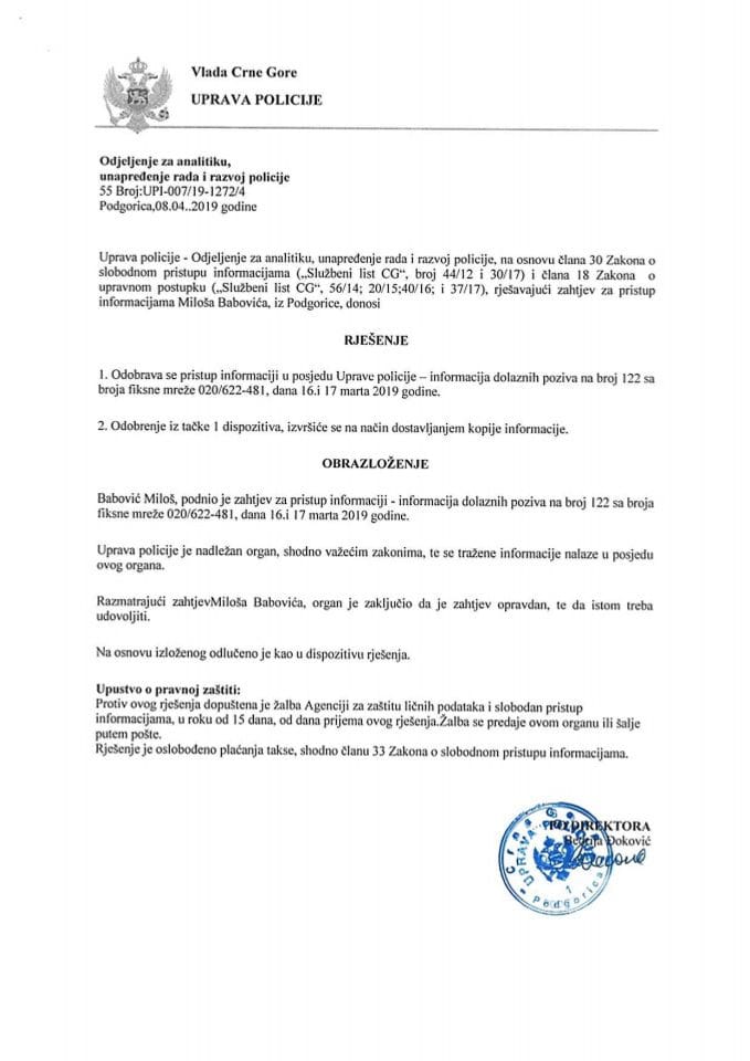 UPI 007/19-1272 4 od 08.04.2019.godine