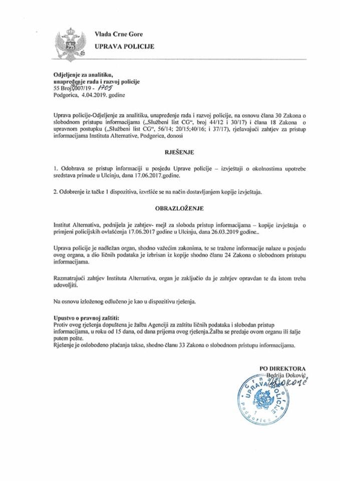 Rješenje 55 broj UPI 00719-1705 od 04.04.2019.godine