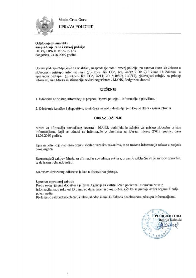 Rješenje broj 10-UPI-007 19-1977 4 od 23.04.2019.