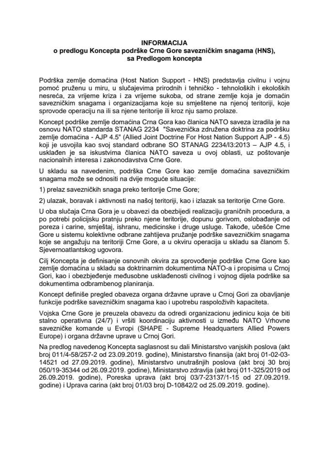 Informacija o predlogu Koncepta podrške Crne Gore savezničkim snagama (HNS) s Predlogom koncepta