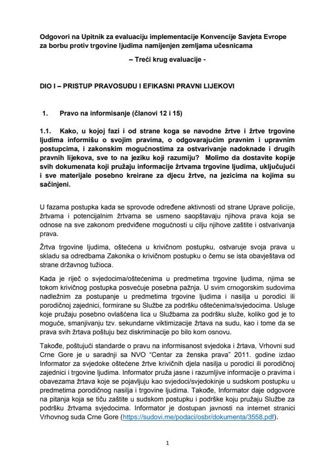 Predlog odgovora na Upitnik ekspertske grupe Savjeta Evrope GRETA u okviru trećeg kruga evaluacije implementacije Konvencije SE za borbu protiv trgovine ljudima u Crnoj Gori