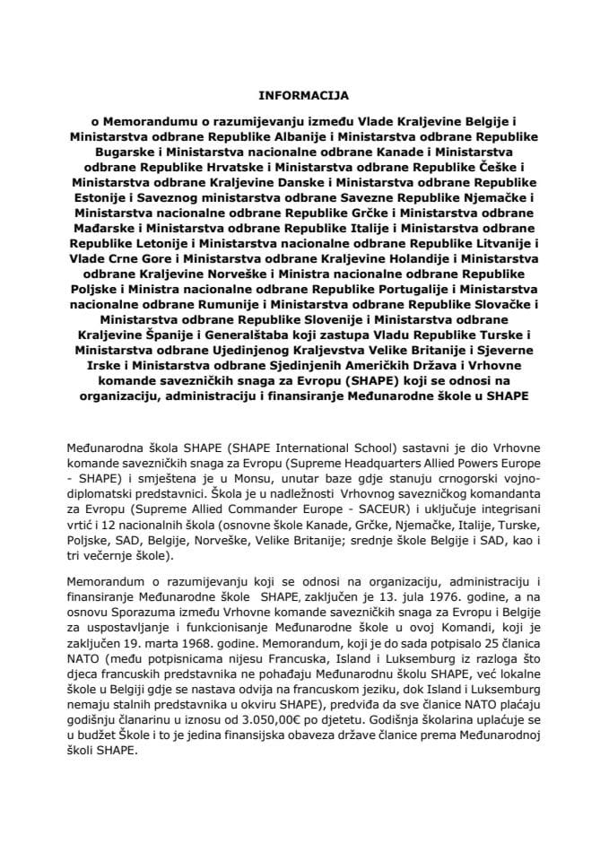 Informacija o Memorandumu o razumijevanju između Vlade Kraljevine Belgije i Ministarstva odbrane Republike Albanije i Ministarstva odbrane Republike Bugarske i Ministarstva nacionalne odbrane Kanade i