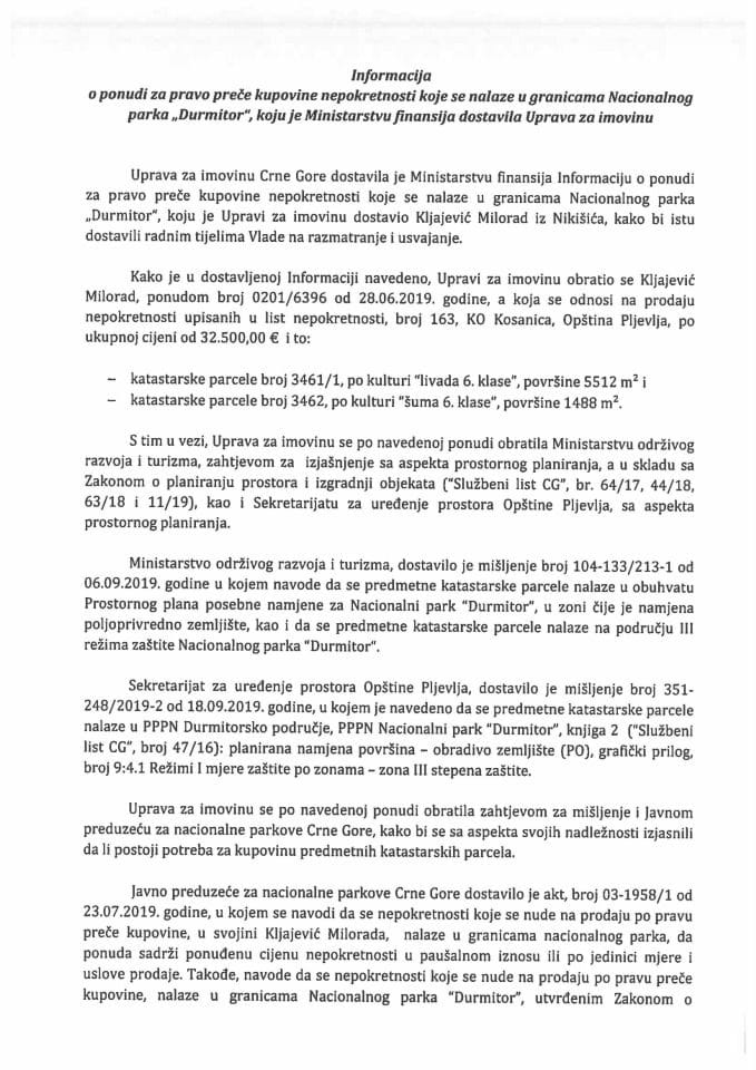 Informacija o ponudi za pravo preče kupovine nepokretnosti koje se nalaze u granicama Nacionalnog parka "Durmitor" (podnosilac zahtjeva Milorad Kljajević iz Nikšića)