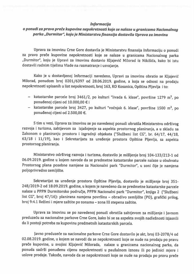 Informacija o ponudi za pravo preče kupovine nepokretnosti koje se nalaze u granicama Nacionalnog parka "Durmitor" (podnosilac zahtjeva Milorad Kljajević iz Nikšića)