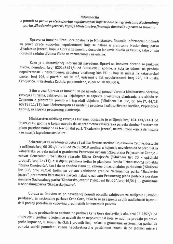 Informacija o ponudi za pravo preče kupovine nepokretnosti koja se nalazi u granicama Nacionalnog parka "Skadarsko jezero" (podnosilac zahtjeva Janković Nikola sa Cetinja)