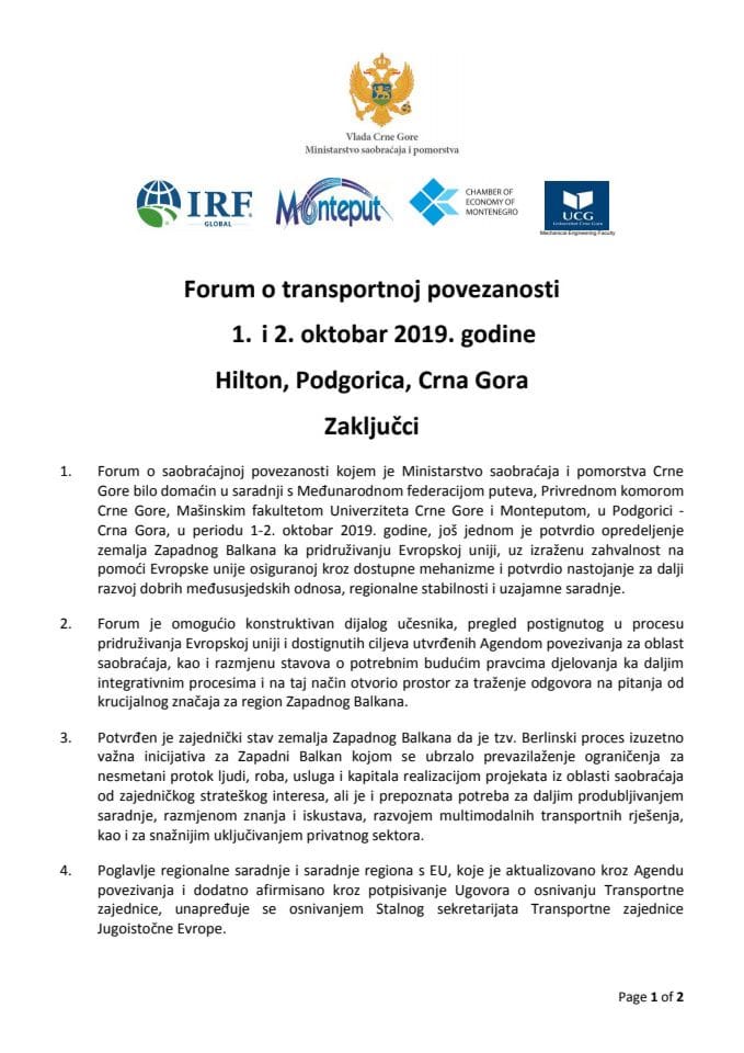 Forum o transportnoj povezanosti 1. i 2. oktobar 2019 - Zaključci