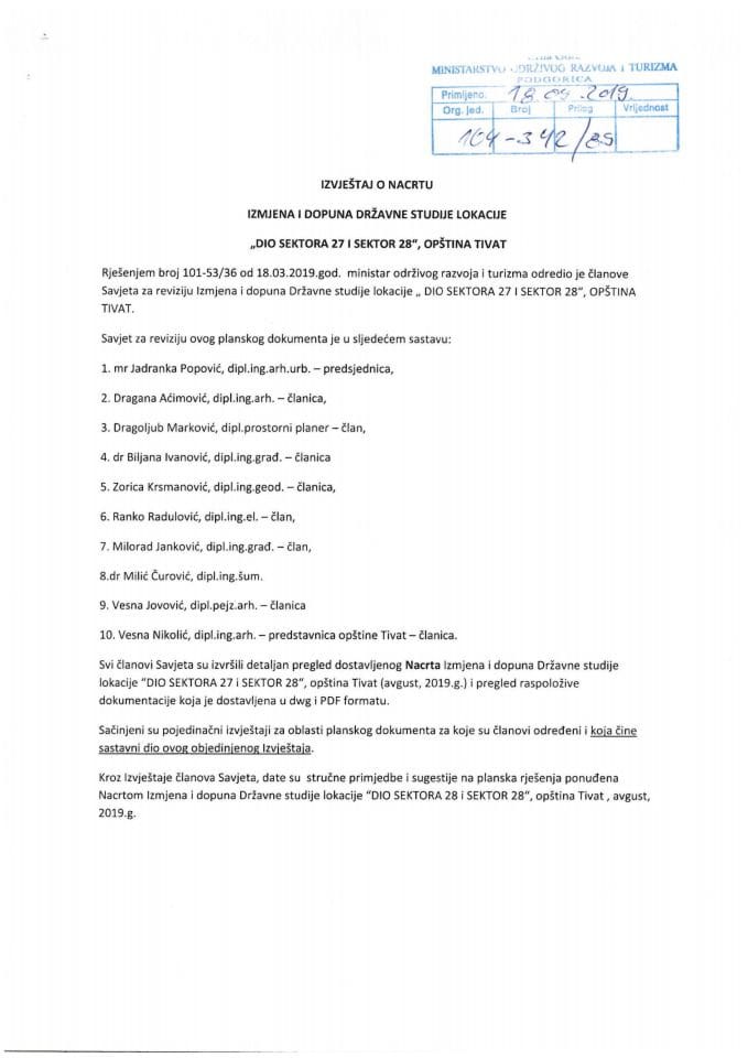Izvještaj Savjeta o reviziji Nacrta ID Državne studije lokacije Dio Sektora 27 i Sektor 28, Opština Tivat
