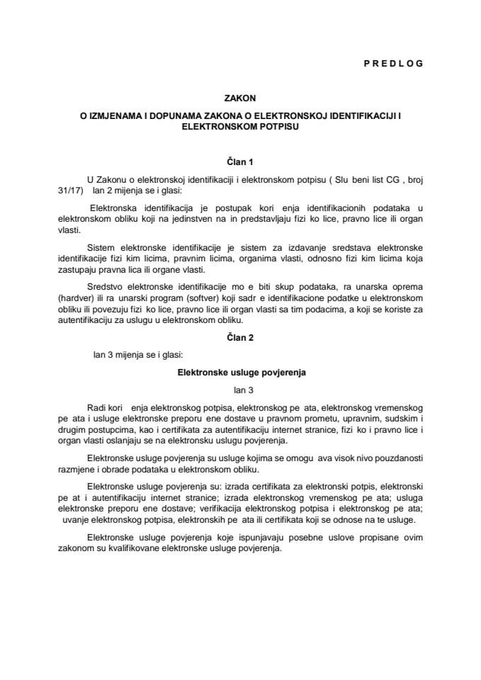 Предлог закона о измјенама и допунама Закона о електронској идентификацији и електронском потпису