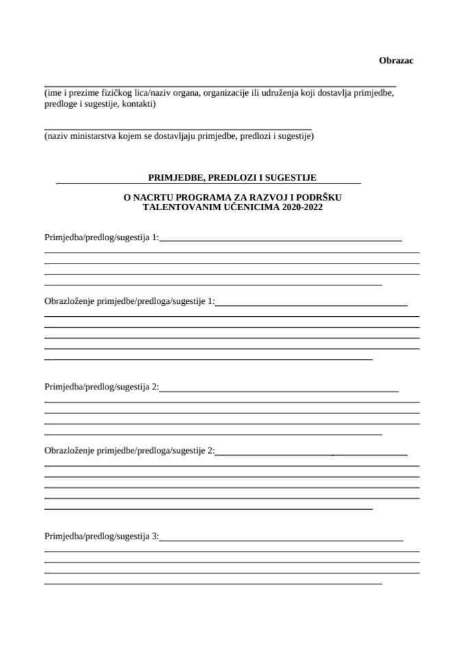 Obrazac primjedbe predlozi i sugestije