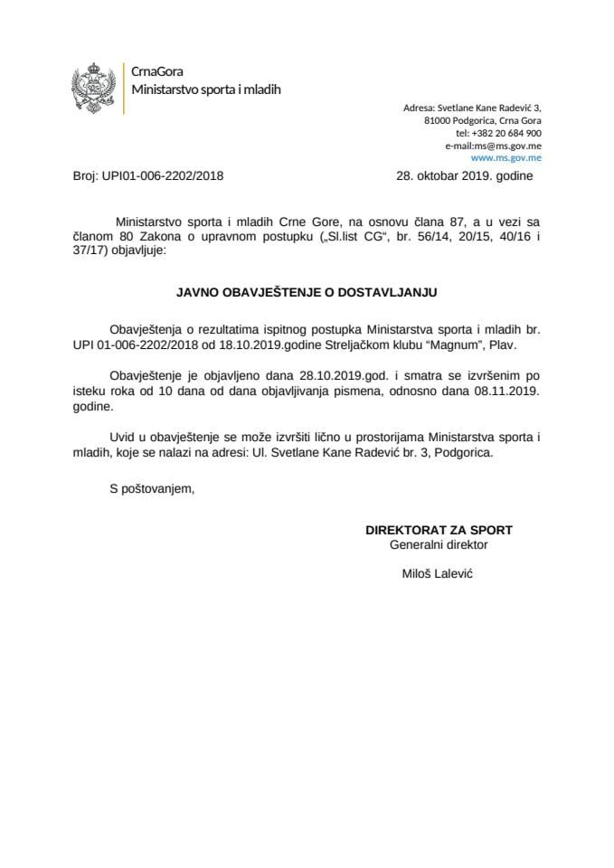 Javno obavještenje - Streljački klub  Magnum Plav