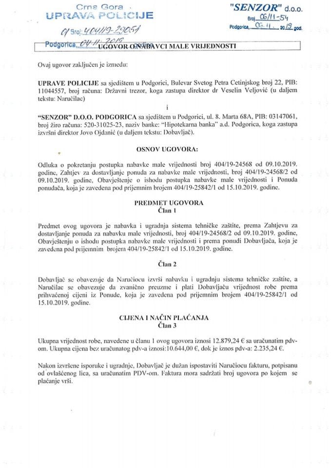 Ugovor o nabavci male vrijednosti broj 01-404/19-29051 od 04.11.2019. godine