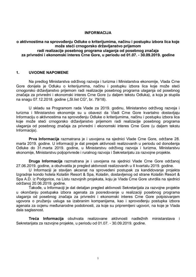 Informacija o aktivnostima na sprovođenju Odluke o kriterijumima, načinu i postupku izbora lica koje može steći crnogorsko državljanstvo prijemom radi realizacije posebnog programa ulaganja od posebno