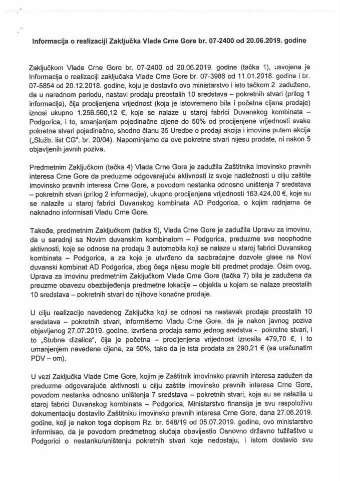 Informacija o realizaciji Zaključaka Vlade Crne Gore, broj: 07-2400, od 20. 06. 2019. godine, sa sjednice od 13. 06. 2019. godine