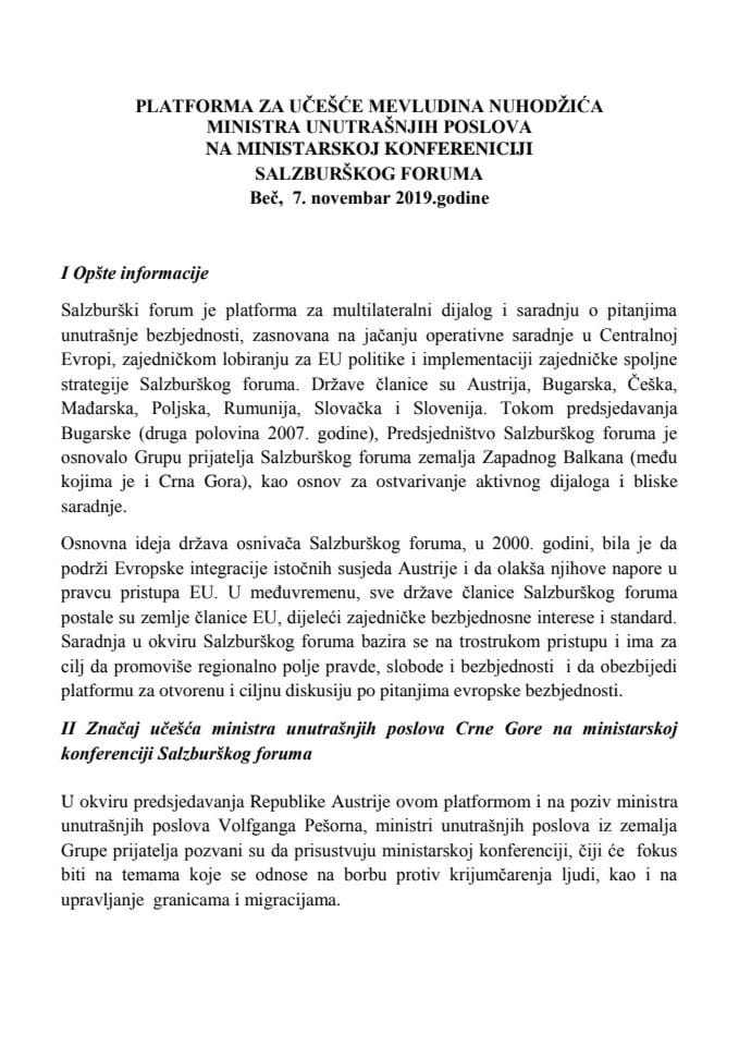 Predlog platforme za učešće Mevludina Nuhodžića, ministra unutrašnjih poslova, na ministarskoj konferenciji Salzburškog foruma, 6. i 7. novembra 2019. godine, Beč, Republika Austrija